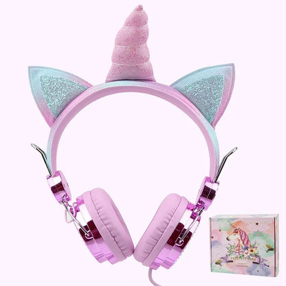 Casque filaire pour enfants, avec oreilles de chat et microphone, oreilles en peluche de licorne, idéal pour les cours en ligne, les jeux vidéo, les étudiants, les filles et les garçons.