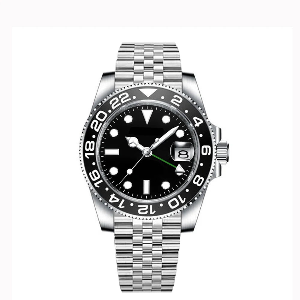 40MM Custom Logo New Men Quart Wristwatch Jubilee Stainless Quartz GMT Watch Sapphire Glass Men Watches Waterproof Luminous