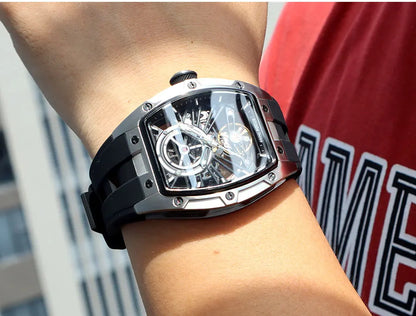 MINI FOCUS Men's Wristwatch Fashion Black Waterproof Automatic Mechanical Watch with Luminous Hands Silicone Strap Tonneau Dial