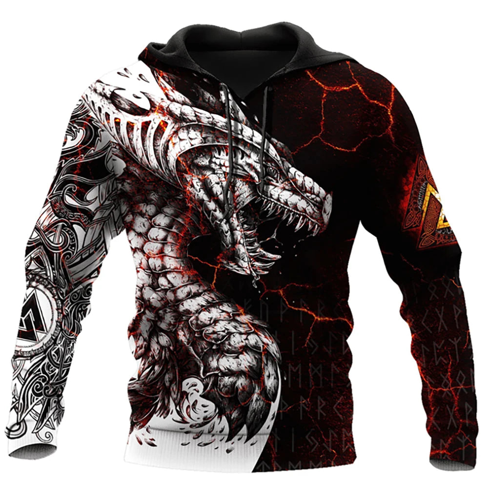 Sudadera con capucha unisex para hombre, manga larga otoño-invierno, estampado 3D de dragón estilo tatuaje, streetwear casual tipo pulóver en conjunto deportivo