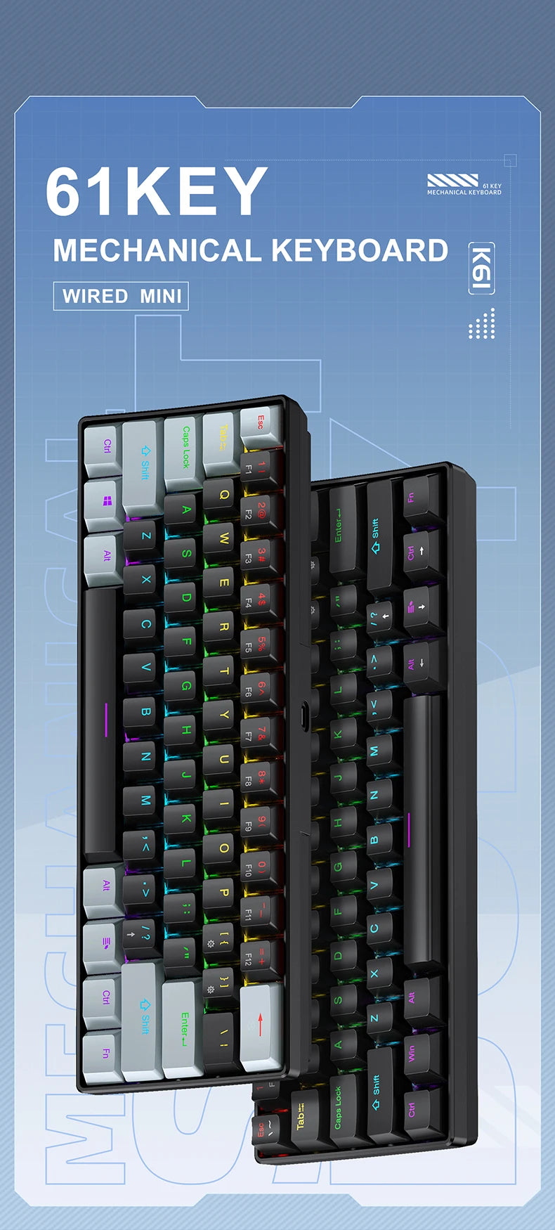 Teclado mecánico gaming con cable APAYADO K61 60% Mini Phantom RGB, 61 teclas, switch rojo/azul, ergonómico y portátil para PC/portátil