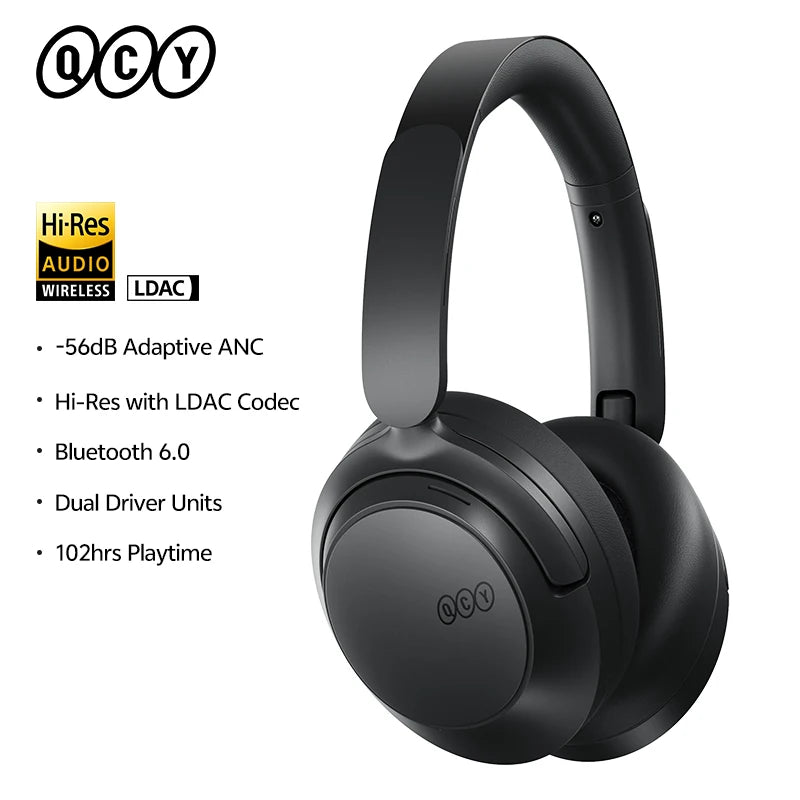 Auscultadores Over-Ear QCY H3S ANC Bluetooth 6.0 – Áudio Espacial Hi-Res LDAC, Cancelamento de Ruído Adaptativo -56dB, Auscultadores Sem Fios