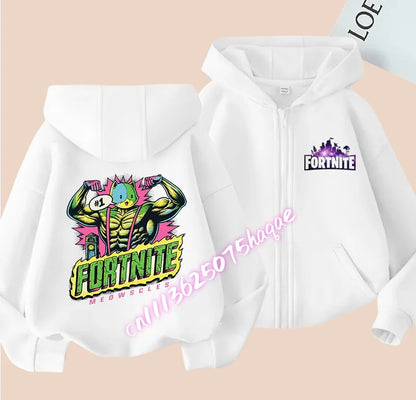 Nuova felpa con cappuccio autunnale per bambini Fortnite, giacca con zip e stampa personaggio cartoon del gioco, cappotto invernale per ragazzi
