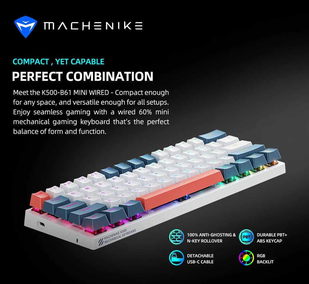 K500-B61 Machenike Mini Mechanical Keyboard 60% Form Factor 61Keys Gaming Keyboard Wired Full Key Hot-Swappable RGB Backlit