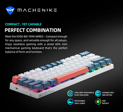 K500-B61 Machenike Mini Mechanical Keyboard 60% Form Factor 61Keys Gaming Keyboard Wired Full Key Hot-Swappable RGB Backlit