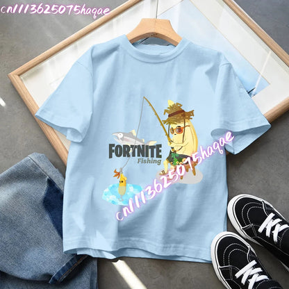 T-shirt blu in cotone per bambini Fortnites, maglietta a maniche corte Fortress Night per bebè, capo estivo cartoon per bambini e bambine, top kawaii, idea regalo