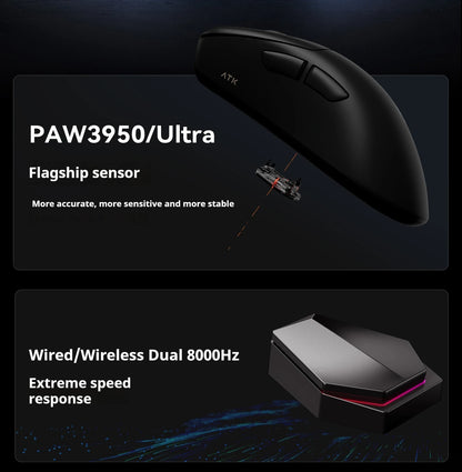 Mouse gaming wireless ATK Z1 Pro Max Ultra con piedini personalizzati, PAW3950, Ultra Smart Speed Wireless, polling rate 8k, latenza ridotta 0.39ms