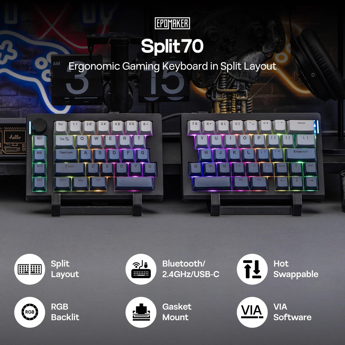 Teclado mecánico inalámbrico EPOMAKER Split70 QMK/VIA 70% con diseño dividido, conexión cableada/BT/2.4Ghz y perilla programable, modificador Mac