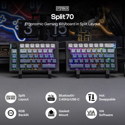 Teclado mecánico inalámbrico EPOMAKER Split70 QMK/VIA 70% con diseño dividido, conexión cableada/BT/2.4Ghz y perilla programable, modificador Mac