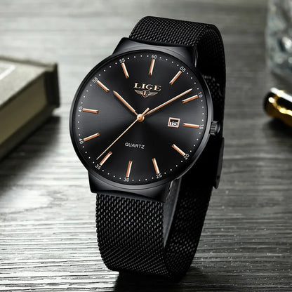Męski zegarek LIGE, elegancki i luksusowy model, ultracienki, wodoodporny, z bransoletą siatkową, mechanizmem kwarcowym, wyświetlaczem daty i kalendarzem – idealny do profesjonalnego stylu.
