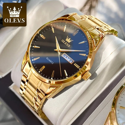 OLEVS herenhorloge – Roestvrijstalen quartz-polshorloge, waterdicht, goudkleurig, elegant en stralend, luxe accessoire voor heren