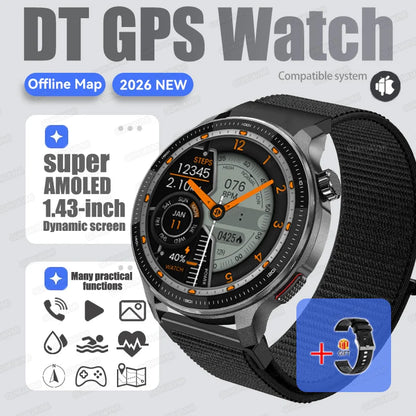 New GPS Offline Maps Smart Watch Men Memory 3D Menu Styles TWS MP3&MP4 Player 1.43"AMOLED Compass Sport Swim Waterproof Bracelet