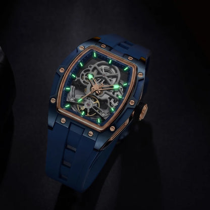 MEGIR mekanisk herreur, tonneau-form, skeletteret urskive med åbninger, sporty stil, silikonearmbånd, luksuriøst automatisk ur