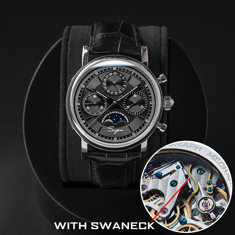 Sugess Men Watch ST1908 Swanneck Movement Mechanical Chronograph Wristwatch Genuine Moonphase Calendar Vintage Leather NEW 2023