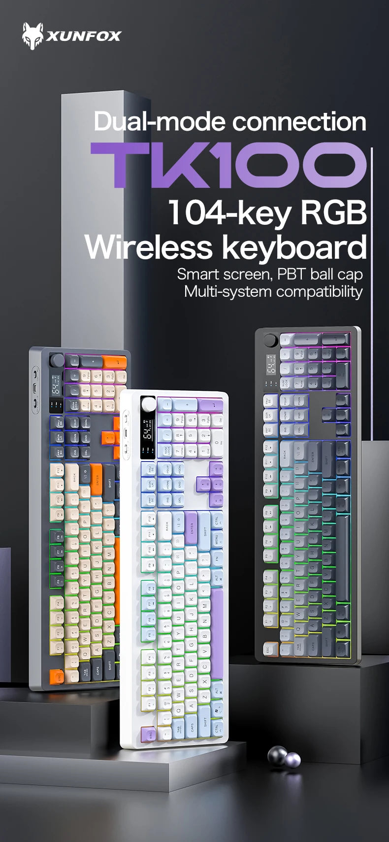 Teclado XUNFOX TK100 inalámbrico 2.4 Bluetooth de doble modo para gaming, silencioso, oficina y portátil, universal