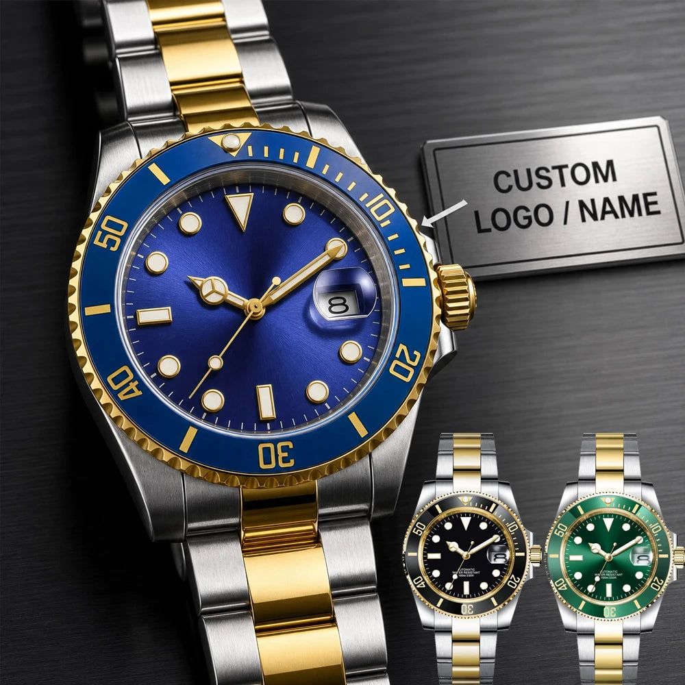 Custom logo NH35 MIYOTA 8215 Automatic Men Watch Luxury Diver Two Tone Gold 316L Stainless Steel Sapphire 10ATM Sterile  Sunburs