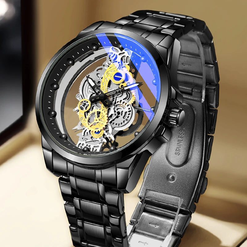 TPW Men’s Luxury Black & Gold Skeleton Quartz Watch Fashion Wristwatch
