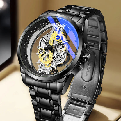 TPW Men’s Luxury Black & Gold Skeleton Quartz Watch Fashion Wristwatch