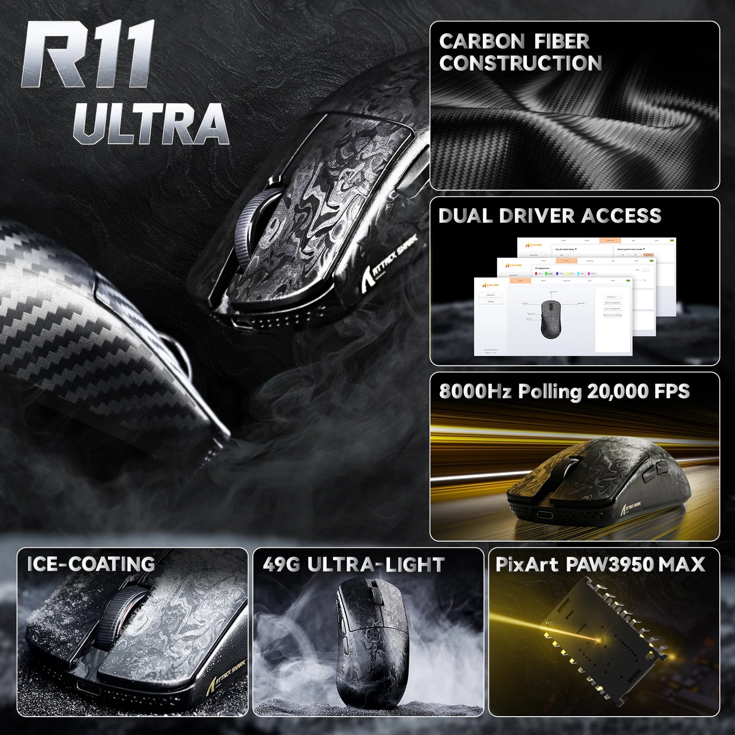 Rato Gaming Sem Fios ATTACK SHARK R11 ULTRA em Fibra de Carbono, 8000Hz, PAW3950MAX, 42000DPI, Leve 49g, 20000FPS, Nordic 52840