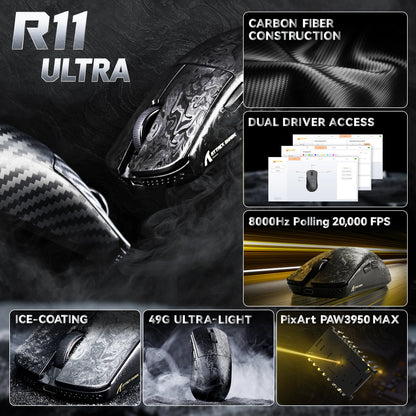 Rato Gaming Sem Fios ATTACK SHARK R11 ULTRA em Fibra de Carbono, 8000Hz, PAW3950MAX, 42000DPI, Leve 49g, 20000FPS, Nordic 52840