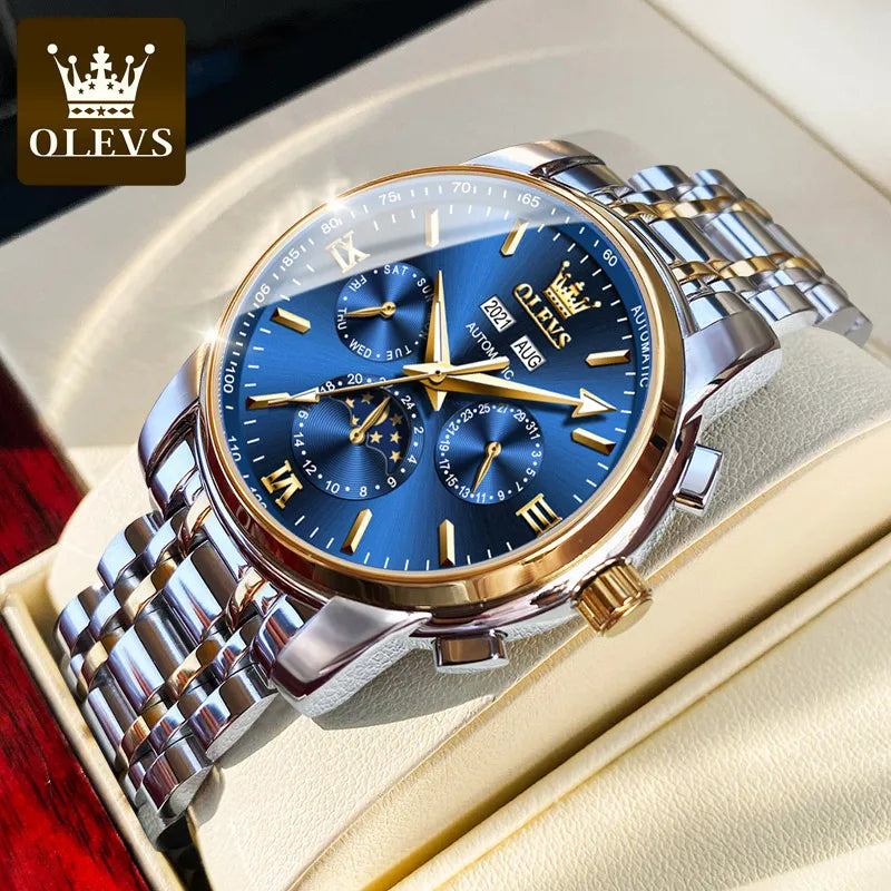 OLEVS 6633 Luxury Men's Watches Automatic Green Watch Men Stainless Steel Waterproof Business Sport Mechanical Wristwatch 6633