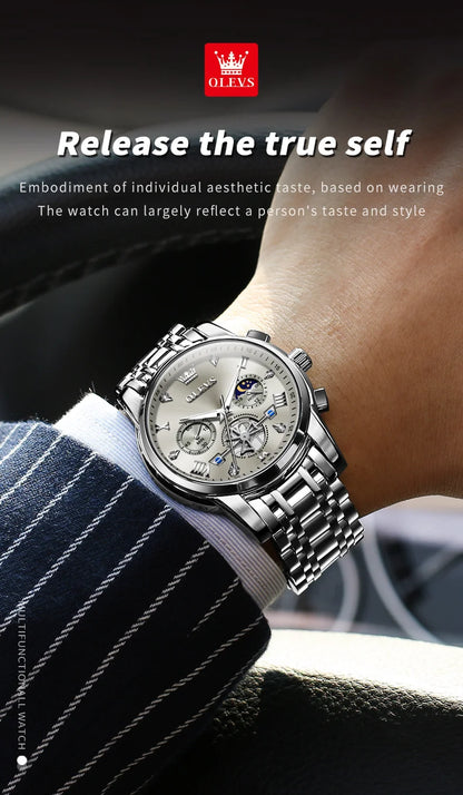 OLEVS Men's Watches Classic Multifunctional Flywheel Chronograph Original Quartz Wristwatch Moon Phase 24 Hour Waterproof Watch