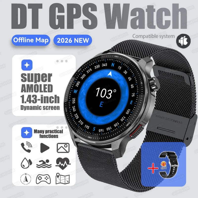 New GPS Offline Maps Smart Watch Men Memory 3D Menu Styles TWS MP3&MP4 Player 1.43"AMOLED Compass Sport Swim Waterproof Bracelet