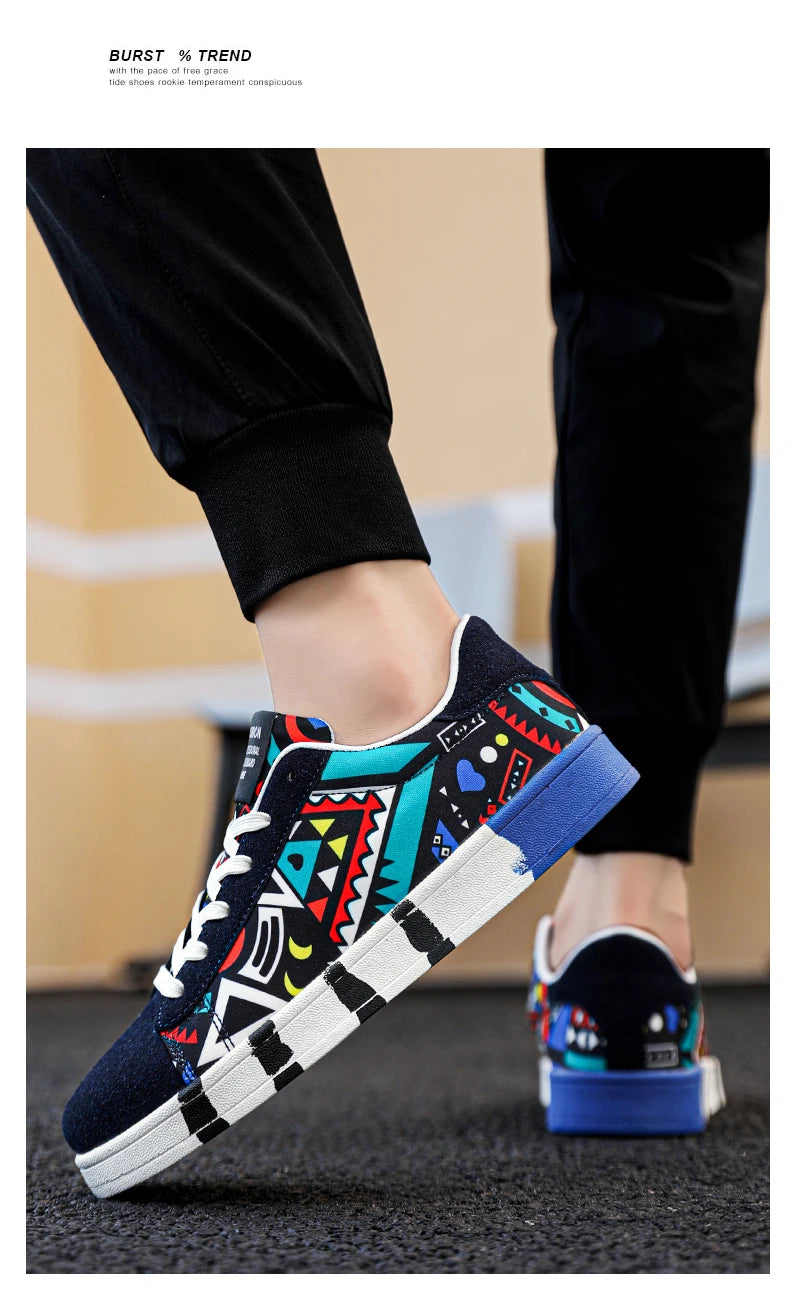 YRZL Sapatilhas de corrida desportivas para homem em lona, estilo geométrico, com atacadores, sapatilhas de casal com estampado graffiti moderno, sapatos de skate para homem