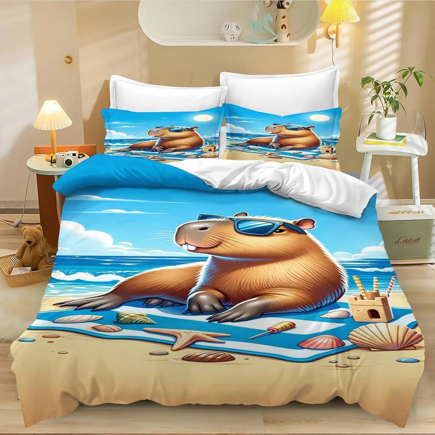 Conjunto de Capa de Edredão e Fronha com 4 Capivaras em Desenho Animado, Roupa de Cama Capivara para Adulto, Rapaz e Rapariga, Decoração de Quarto Infantil, Tamanho Individual e Duplo