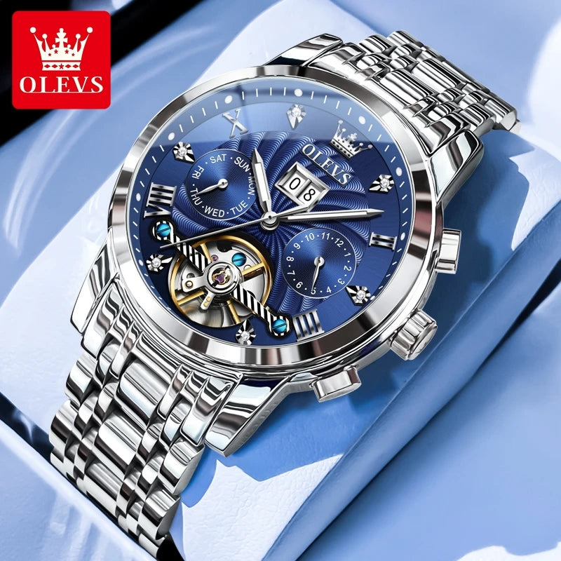 Montre homme OLEVS 9910, marque de luxe originale, étanche, lumineuse, automatique, mécanique, double calendrier, coffret.