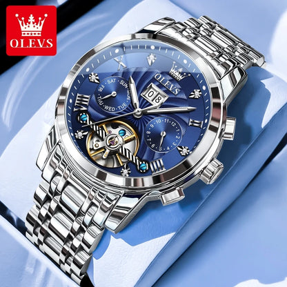 Montre homme OLEVS 9910, marque de luxe originale, étanche, lumineuse, automatique, mécanique, double calendrier, coffret.