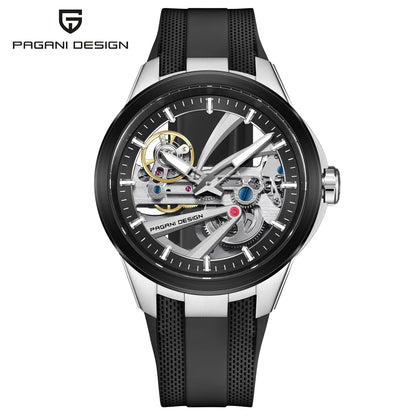 Ceas pentru bărbați PAGANI DESIGN – Model mecanic automat de lux, de tip „schelet” (cu mecanism expus), dotat cu un tourbillon, sticlă de safir cu tratament antireflex, rezistent la apă și luminescent.