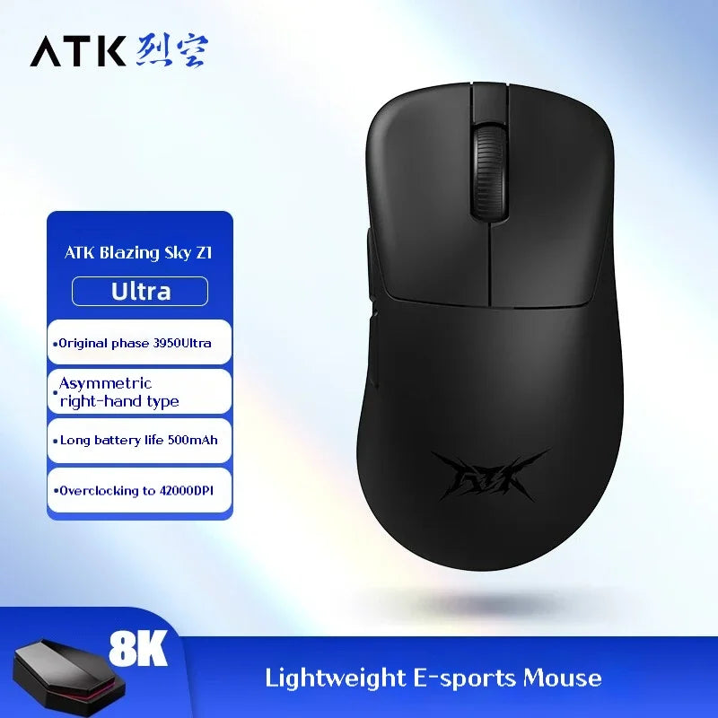 Mouse gaming wireless ATK Z1 Pro Max Ultra con piedini personalizzati, PAW3950, Ultra Smart Speed Wireless, polling rate 8k, latenza ridotta 0.39ms