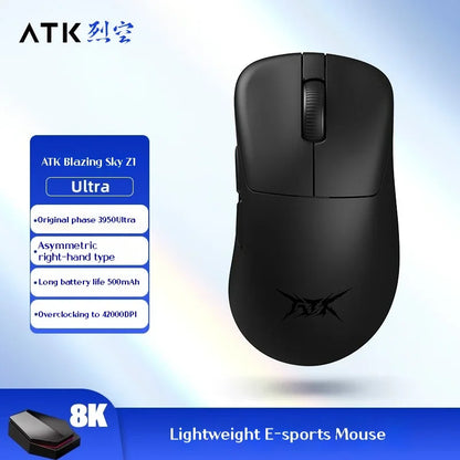 Mouse gaming wireless ATK Z1 Pro Max Ultra con piedini personalizzati, PAW3950, Ultra Smart Speed Wireless, polling rate 8k, latenza ridotta 0.39ms