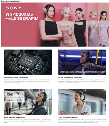 Auscultadores sem fios com cancelamento de ruído Sony WH-1000XM5 – Headset HiFi premium over-ear Bluetooth 5.2 com transdutor de 30mm, microfone e bateria de longa duração