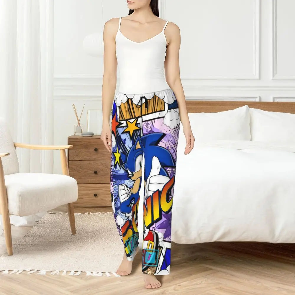 Custom Women Soniced Pajama Pants Printed Hedgehog Game Sleep Sleepwear Bottoms with Pockets