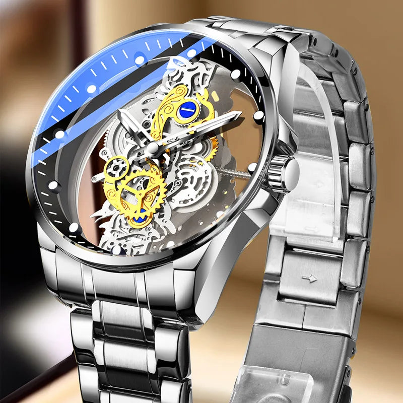 Trendy herenhorloge, model met dubbele opening, luxe gouden uitvoering, imitatie van een mechanisch tourbillon, quartz uurwerk.