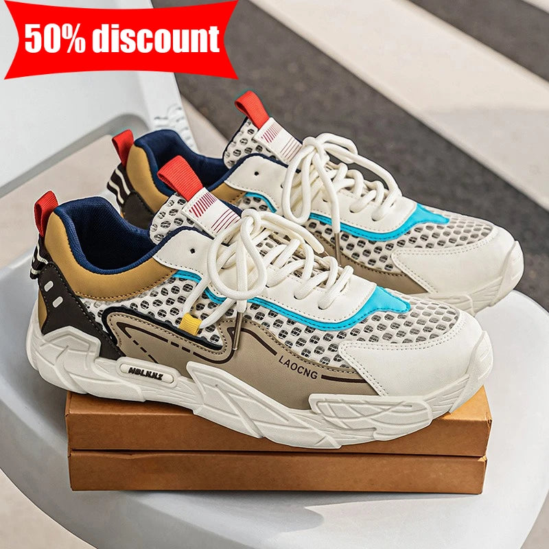 Men's Sports Shoes Summer Mesh Casual Fashion Lace-Up Walking Shoes 2026 New Youth Daily Commuting Comfortable Versatile Sneakers