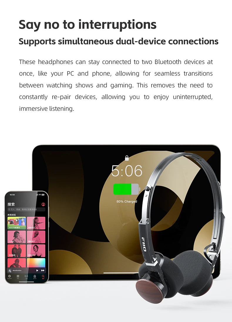 Auriculares Bluetooth On-Ear FIIO EH11 – Diadema inalámbrica Hi-Res LDAC con graves, batería de 30H, conexión a dos dispositivos y diseño retro ligero