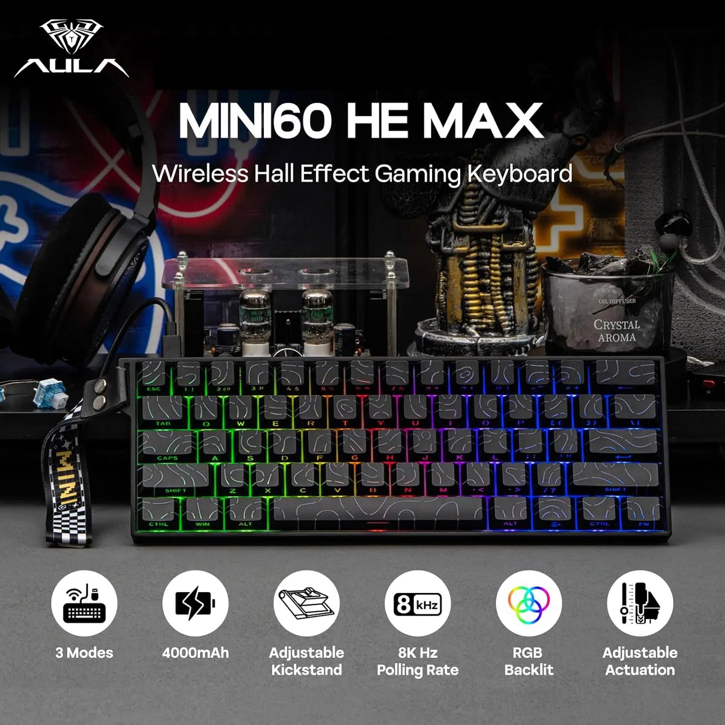 Teclado Gaming Mecânico AULA Mini60 HE/Pro/Max 60% com Switches Magnéticos, RGB, Tri-Mode, 8000Hz, RT 0.01mm, para E-Sports e Presentes