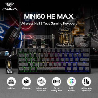 Teclado Gaming Mecânico AULA Mini60 HE/Pro/Max 60% com Switches Magnéticos, RGB, Tri-Mode, 8000Hz, RT 0.01mm, para E-Sports e Presentes