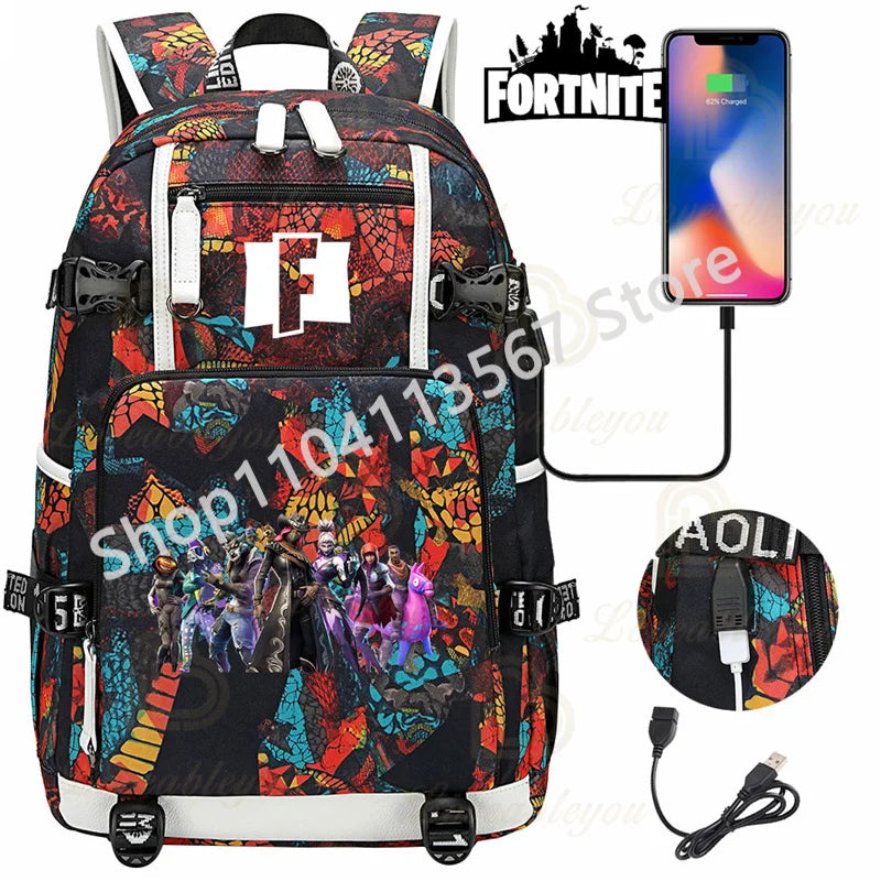 Mochila Red Jade F-Fortnited Battle Royale com carregamento USB, figuras anime e compartimento para material escolar para estudantes