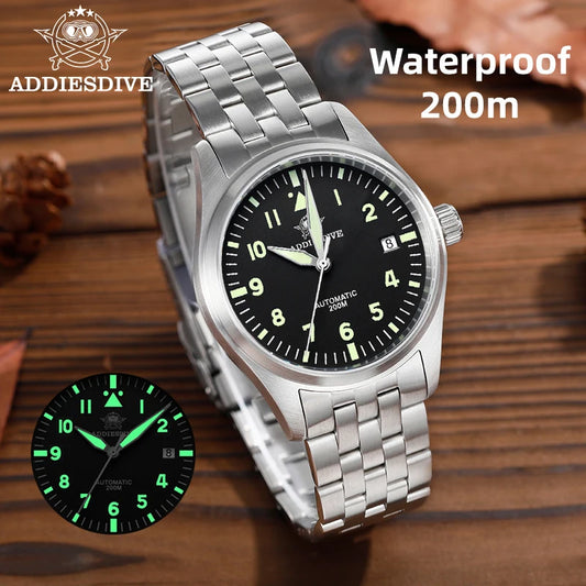 ADDIESDIVE Classic Men's Automatic Mechanical Watch 200m Water Resistant C3 Luminous 316L Stainless Steel Vintage Watch AD2519