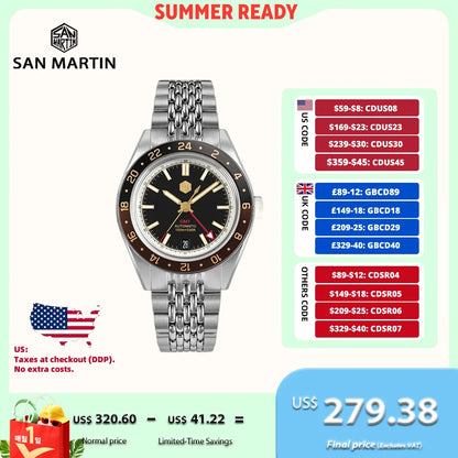 San Martin 39.5mm Limited Edition Full Lume Dial Automatic Men's Watch NH34 GMT 6H Date 10Bar Luxury Watch SN0116W
