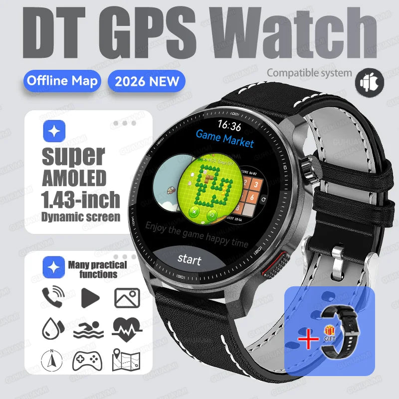 New GPS Offline Maps Smart Watch Men Memory 3D Menu Styles TWS MP3&MP4 Player 1.43"AMOLED Compass Sport Swim Waterproof Bracelet