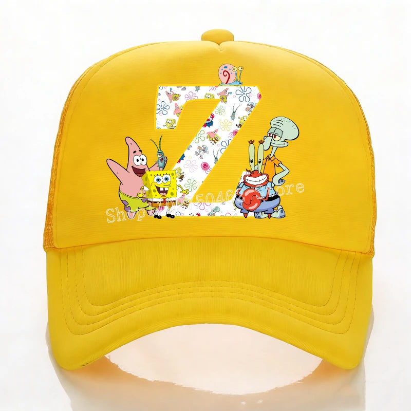 SpongeBobs Baseball Cap Kids Adult Summer Outdoor Sports Sun Hat Child Cute Letter A-Z Sunbonnet Breathable Mesh Headgear Gift