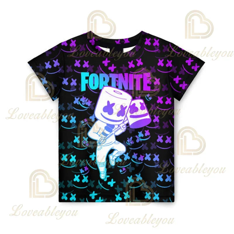 T-shirt infantil de verão Cartoon Fortnite com impressão 3D, para meninos e meninas, estilo streetwear, roupa para adultos e crianças, t-shirt divertida com gola redonda