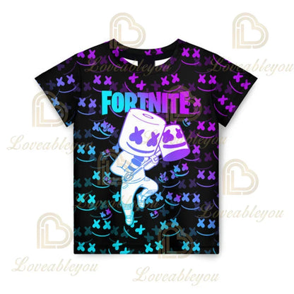 T-shirt infantil de verão Cartoon Fortnite com impressão 3D, para meninos e meninas, estilo streetwear, roupa para adultos e crianças, t-shirt divertida com gola redonda
