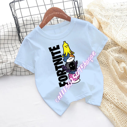 T-shirts de Criança Fortnite com Estampado de Figuras Cartoon do Jogo Fortress Night, Tops de Manga Curta para Verão, Roupa para Rapazes e Raparigas