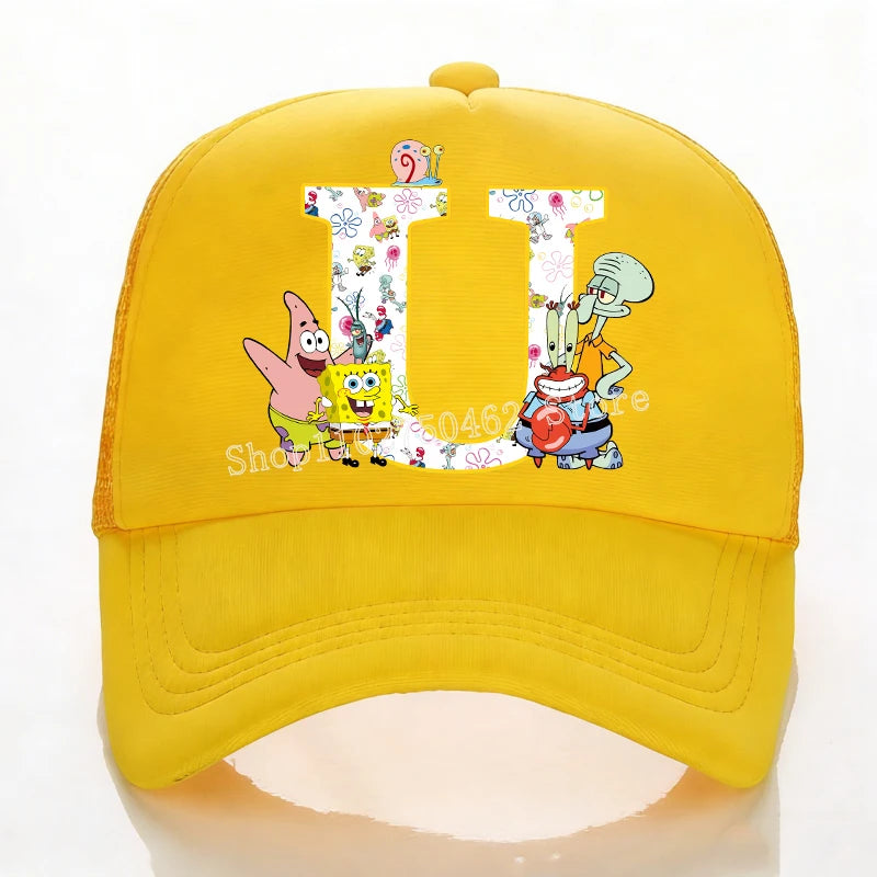 SpongeBobs Baseball Cap Kids Adult Summer Outdoor Sports Sun Hat Child Cute Letter A-Z Sunbonnet Breathable Mesh Headgear Gift
